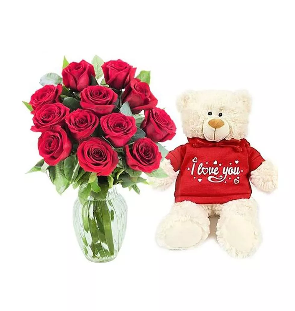 Elegant Bouquet Of 12 Red Roses N Bear